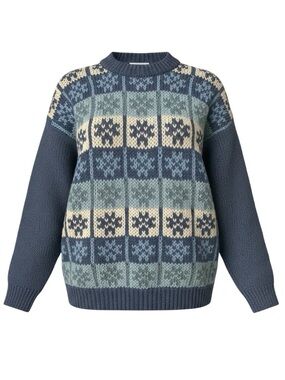 NEEDLES & YARN Roll Neck Sweater Vintage Fair Isle Blue Cream Pattern Large